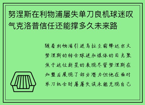 努涅斯在利物浦屡失单刀良机球迷叹气克洛普信任还能撑多久未来路 努涅斯在利物浦屡失单刀良机球迷叹气克洛普信任还能撑多久未来路